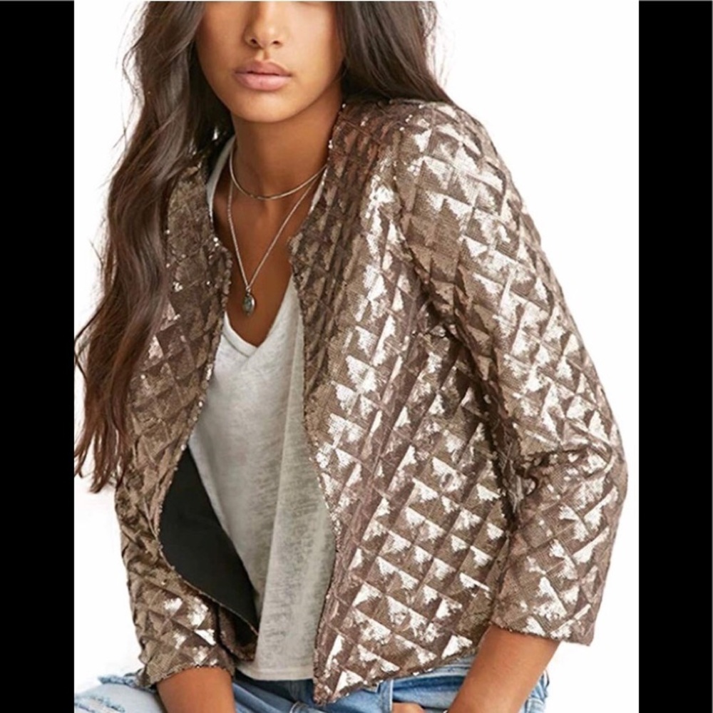 Gold Sparkly Size Medium Cropped Biker Jacket